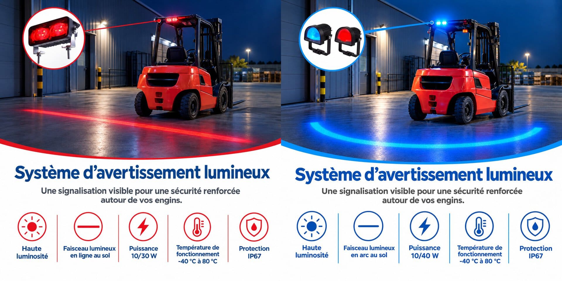 Chariot élévateur avec avertissements lumineux rouge et bleu